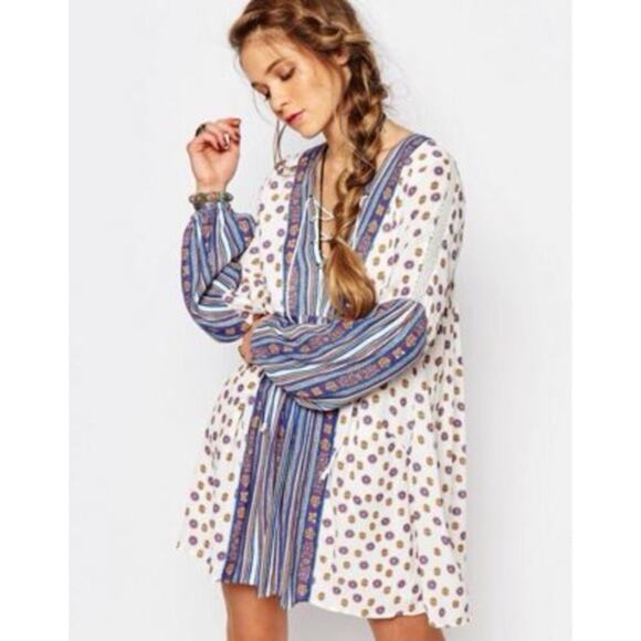 Free People Rain Or Shine Boho Lace Up Long Sleeve Dress Blue/White Floral Sz XS - Picture 1 of 16